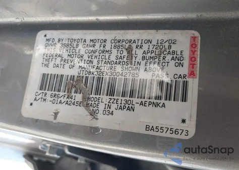 2003 Toyota Corolla Le из США, поврежденный, VIN JTDBR32EX30042785